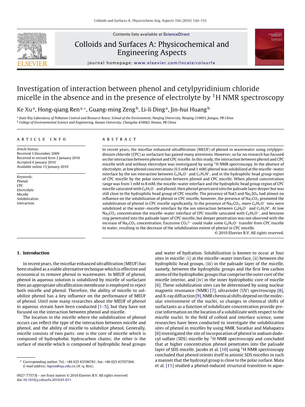 Investigation of Interaction Between Phenol and Cetylpyridinium Chloride Micelle in the Absence and in the Presence of Electrolyte by 1H NMR Spectroscopy