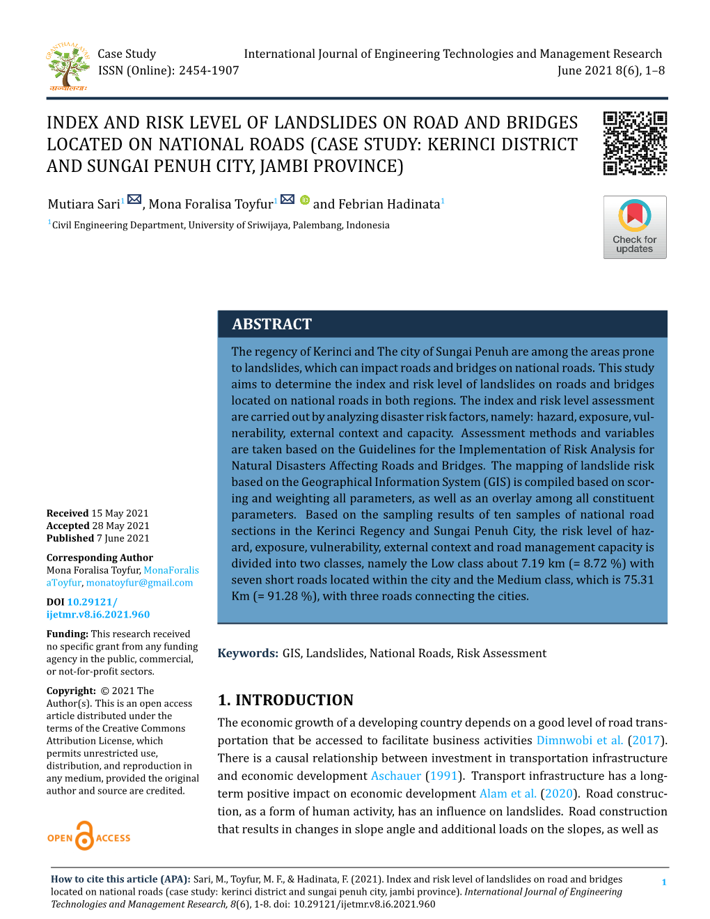 Index and Risk Level of Landslides on Road and Bridges Located on National Roads (Case Study: Kerinci District and Sungai Penuh City, Jambi Province)