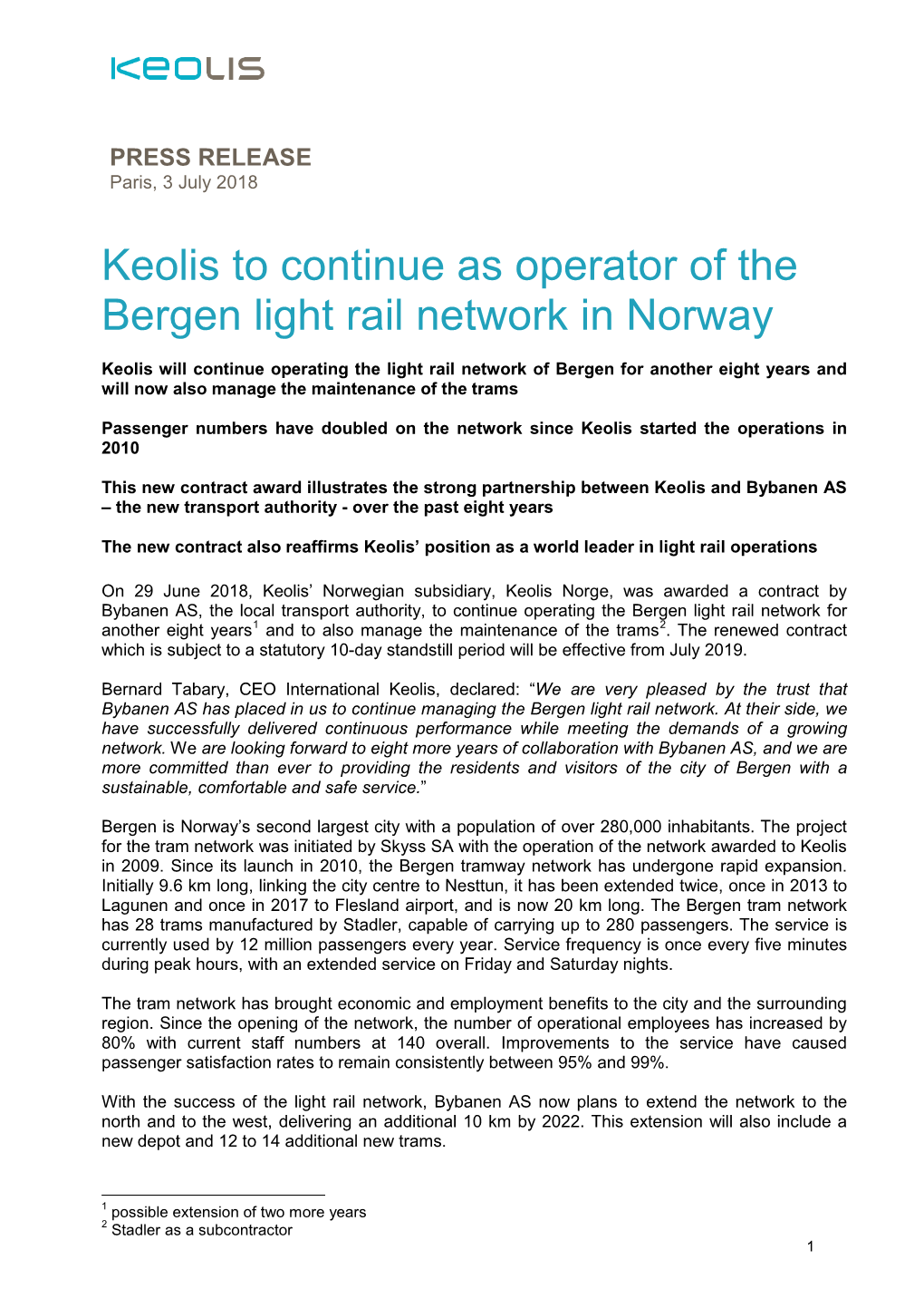 Keolis to Continue As Operator of the Bergen Light Rail Network in Norway