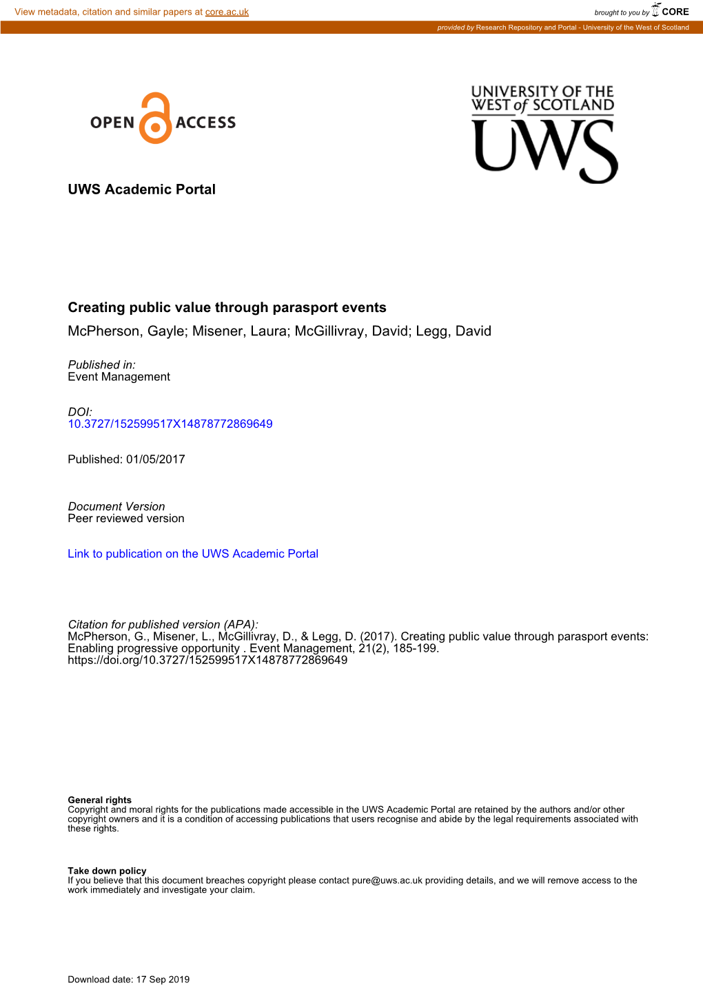 UWS Academic Portal Creating Public Value Through