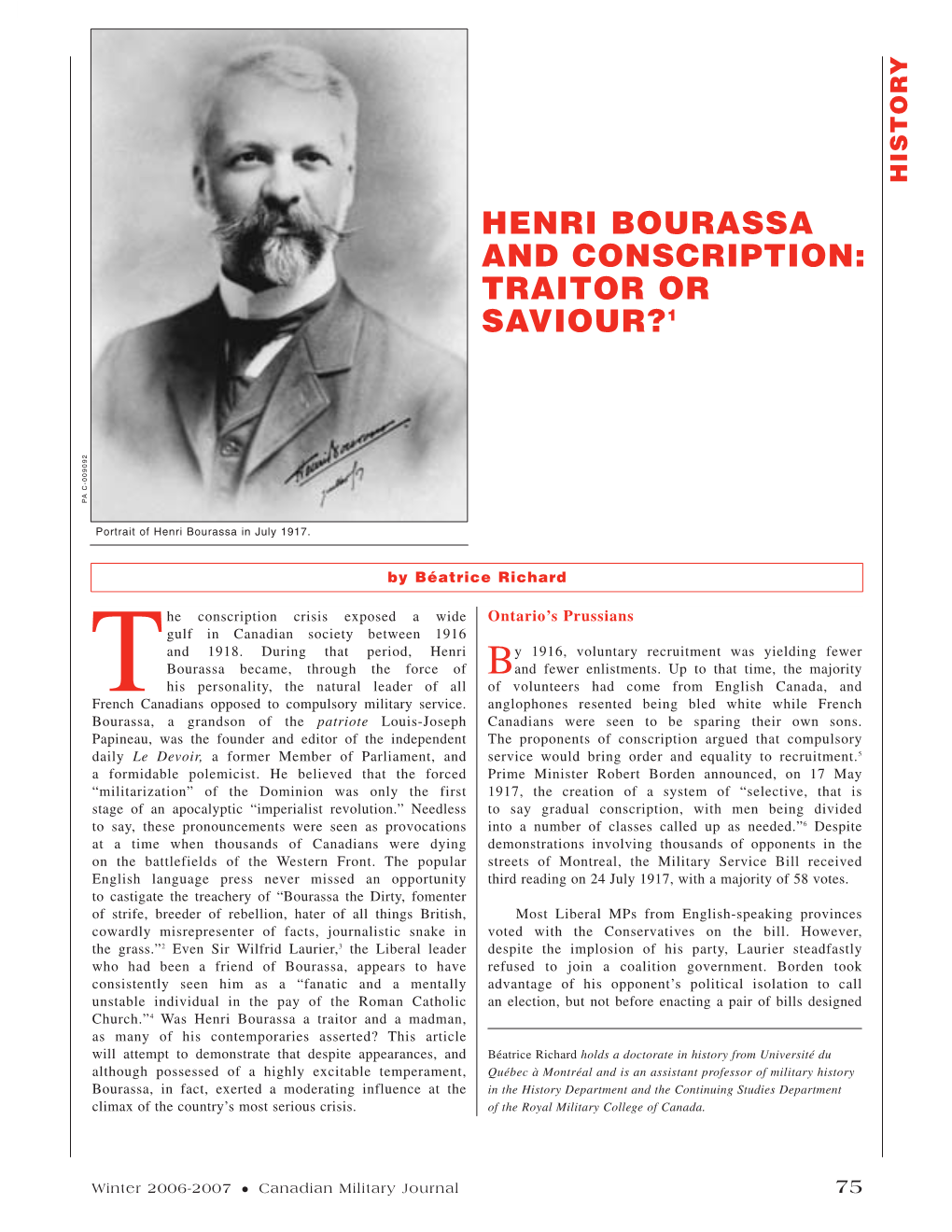 Henri Bourassa and Conscription: Traitor Or Saviour?1 Pa C-009092