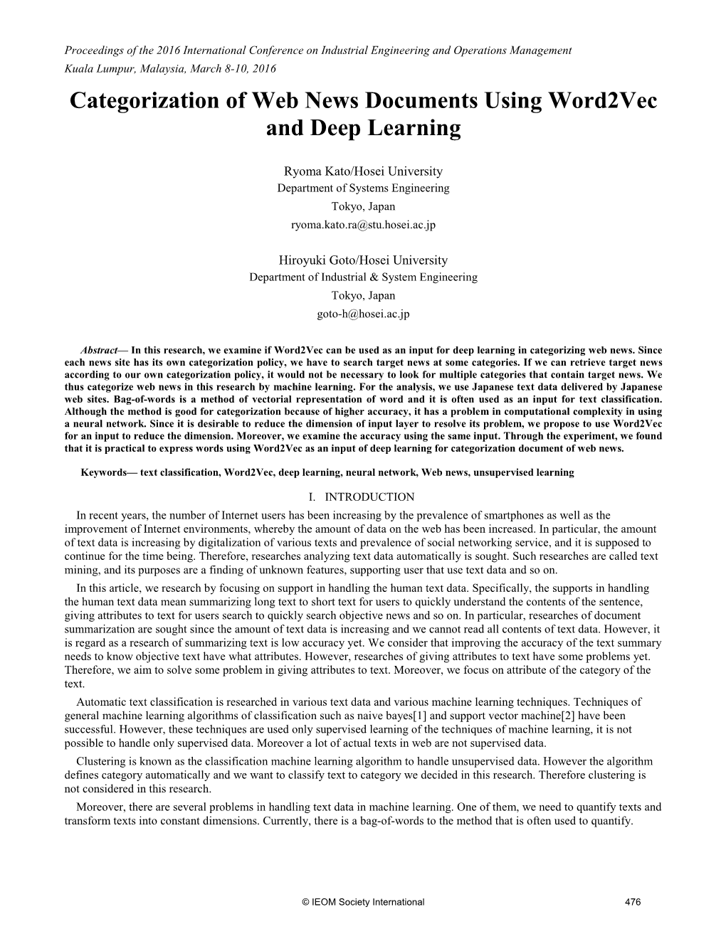 Categorization of Web News Documents Using Word2vec and Deep Learning