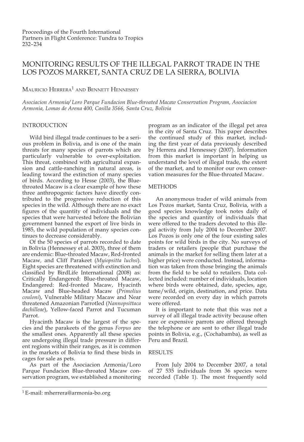 Monitoring Results of the Illegal Parrot Trade in the Los Pozos Market, Santa Cruz De La Sierra, Bolivia