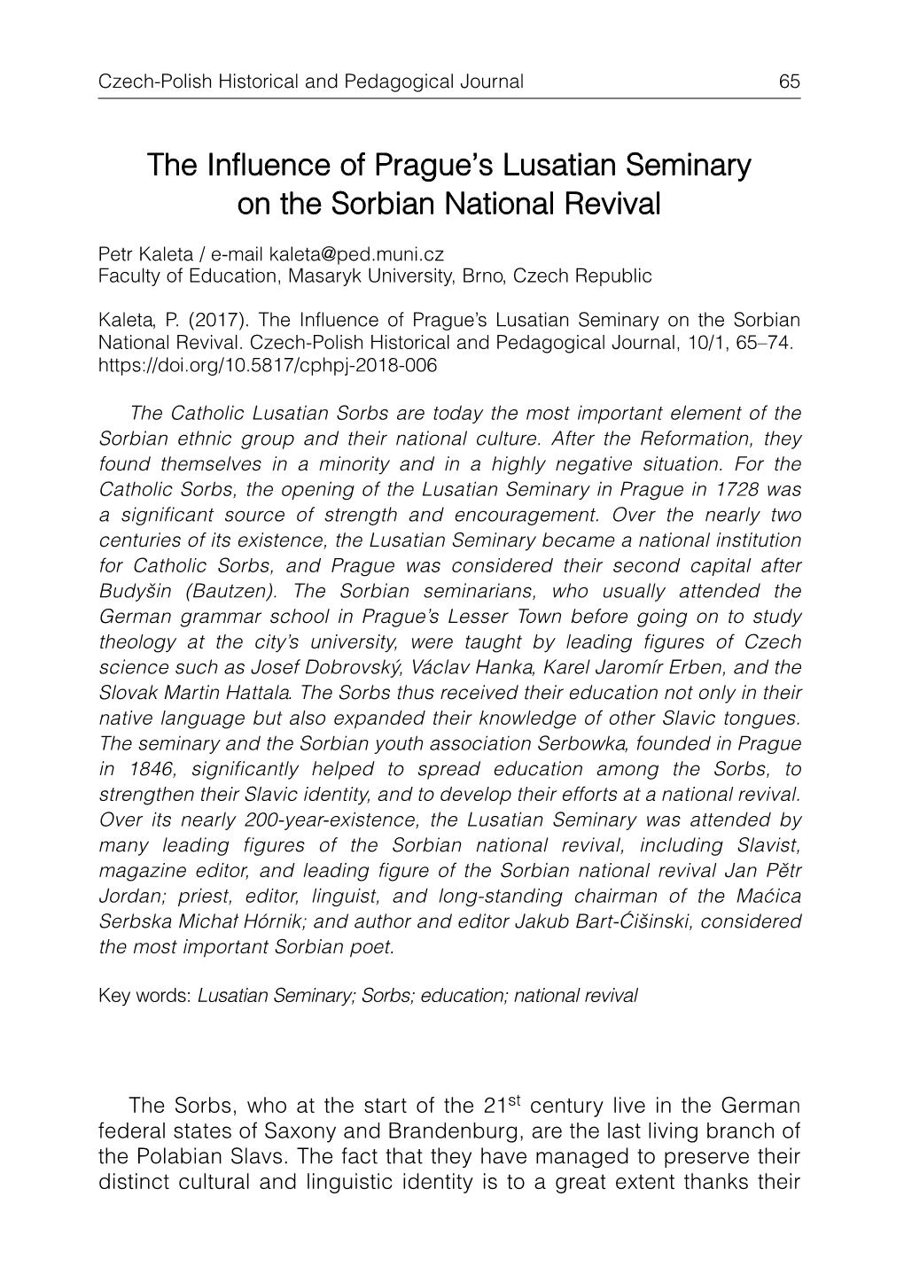 The Influence of Prague's Lusatian Seminary on the Sorbian National