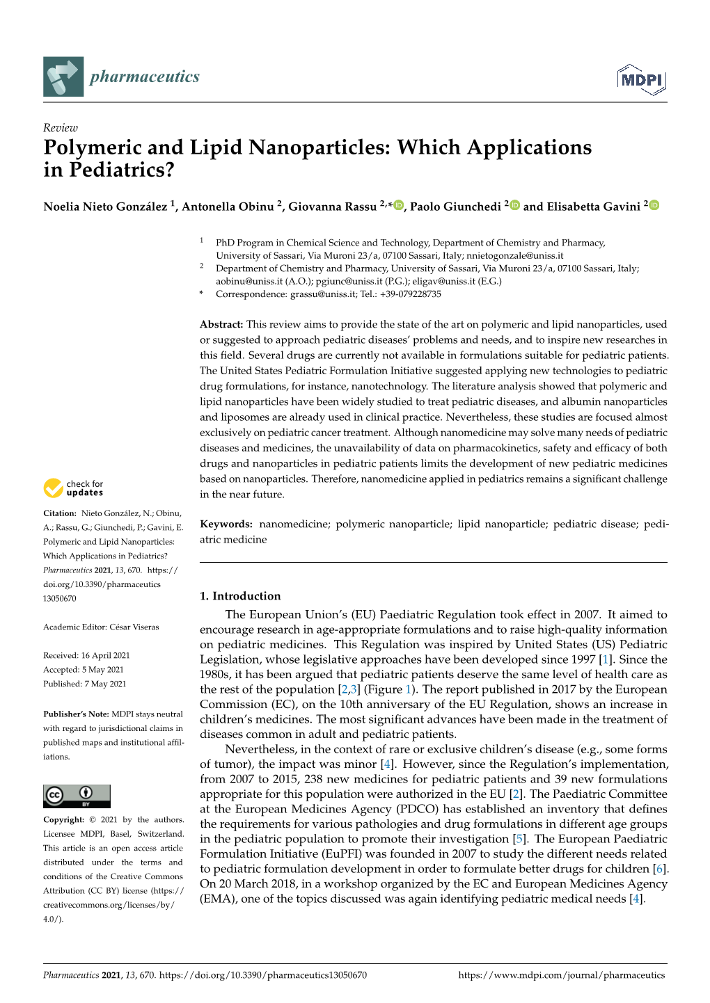 Polymeric and Lipid Nanoparticles: Which Applications in Pediatrics?