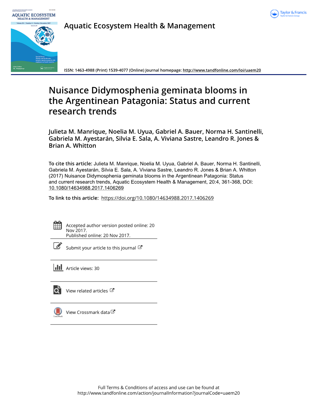 Nuisance Didymosphenia Geminata Blooms in the Argentinean Patagonia: Status and Current Research Trends