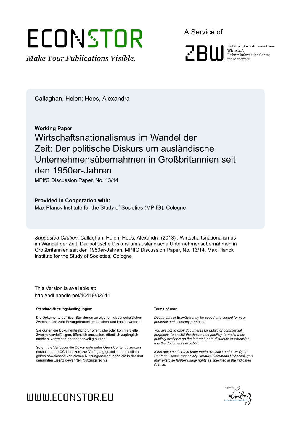 Der Politische Diskurs Um Ausländische Unternehmensübernahmen in Großbritannien Seit Den 1950Er-Jahren Mpifg Discussion Paper, No