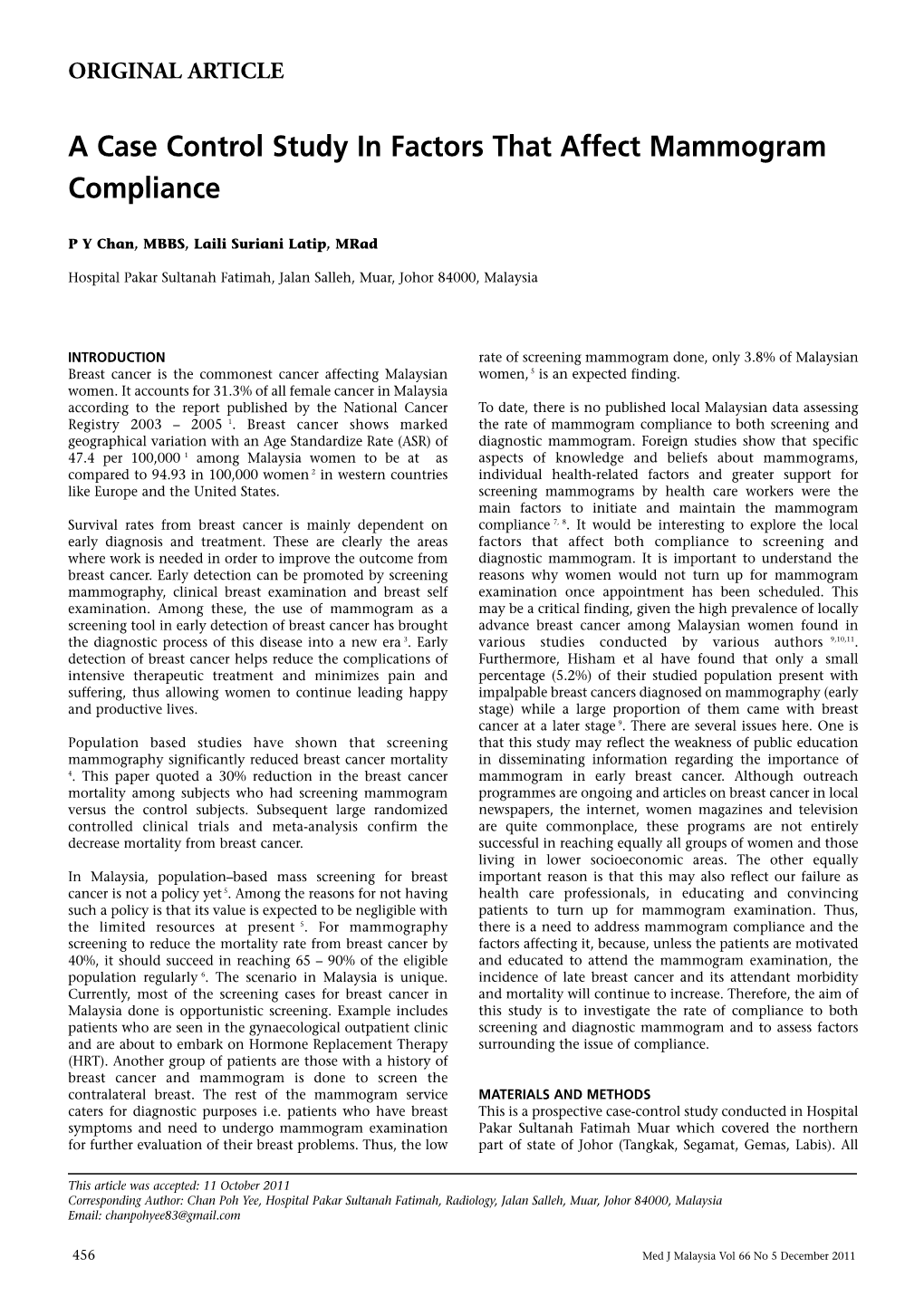 A Case Control Study in Factors That Affect Mammogram Compliance