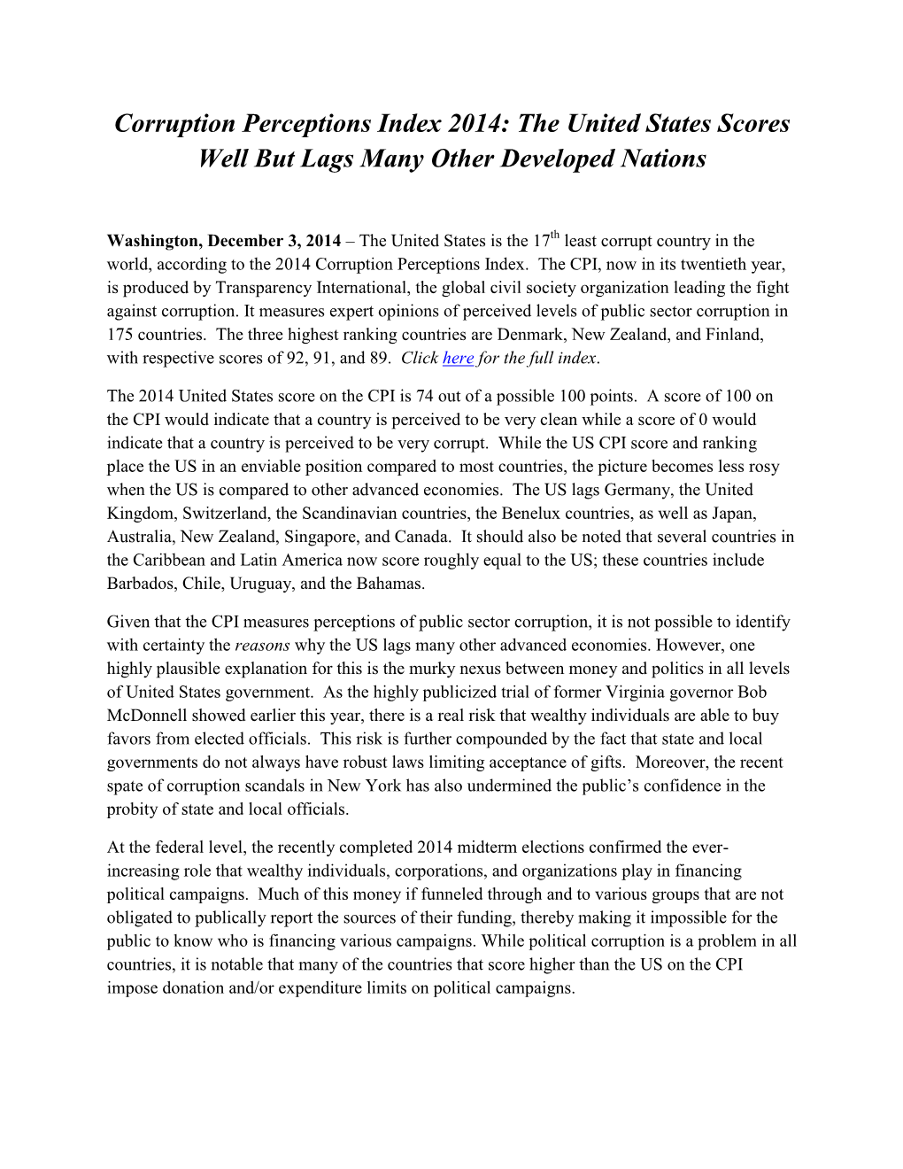 Corruption Perceptions Index 2014: the United States Scores Well but Lags Many Other Developed Nations