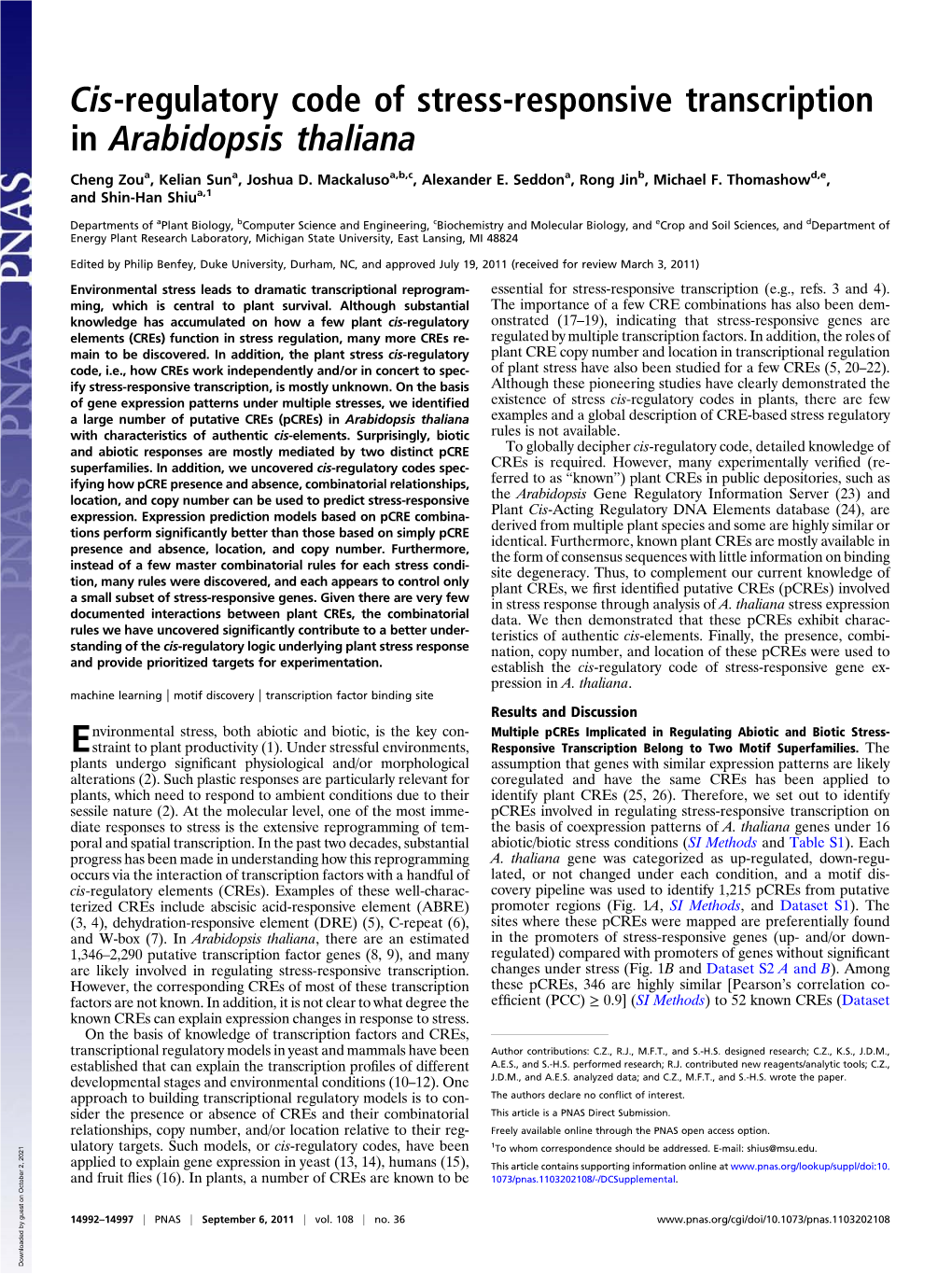 Cis-Regulatory Code of Stress-Responsive Transcription in Arabidopsis Thaliana