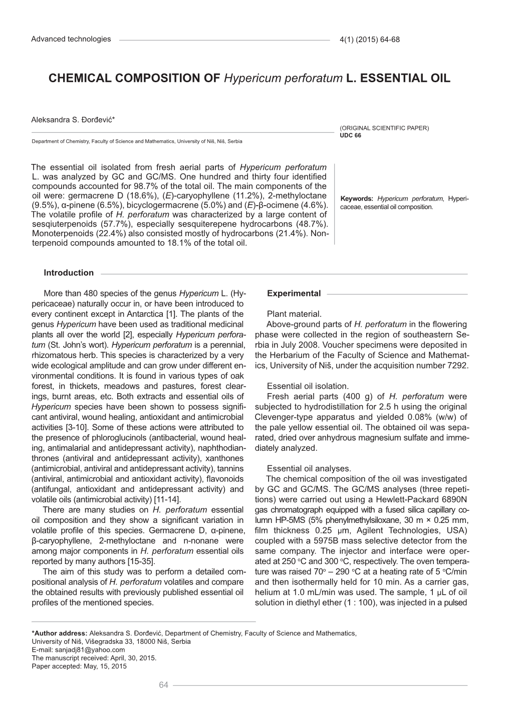 CHEMICAL COMPOSITION of Hypericum Perforatum L