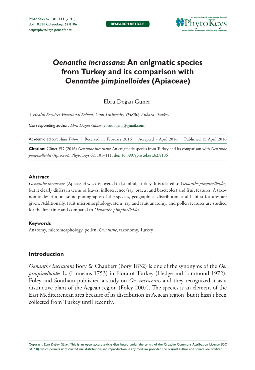 Oenanthe Incrassans: an Enigmatic Species from Turkey and Its Comparison with Oenanthe Pimpinelloides (Apiaceae)