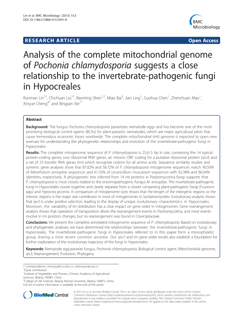 Analysis of the Complete Mitochondrial Genome of Pochonia