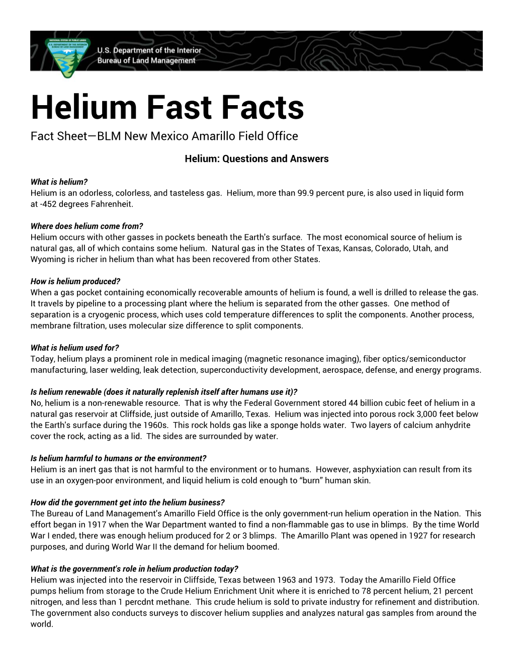 Helium Fast Facts Fact Sheet—BLM New Mexico Amarillo Field Office