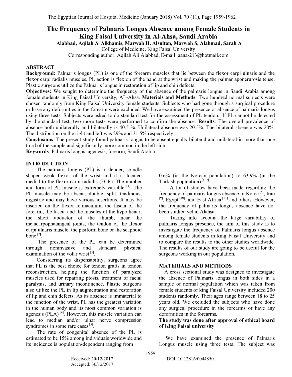 The Frequency of Palmaris Longus Absence Among Female Students In