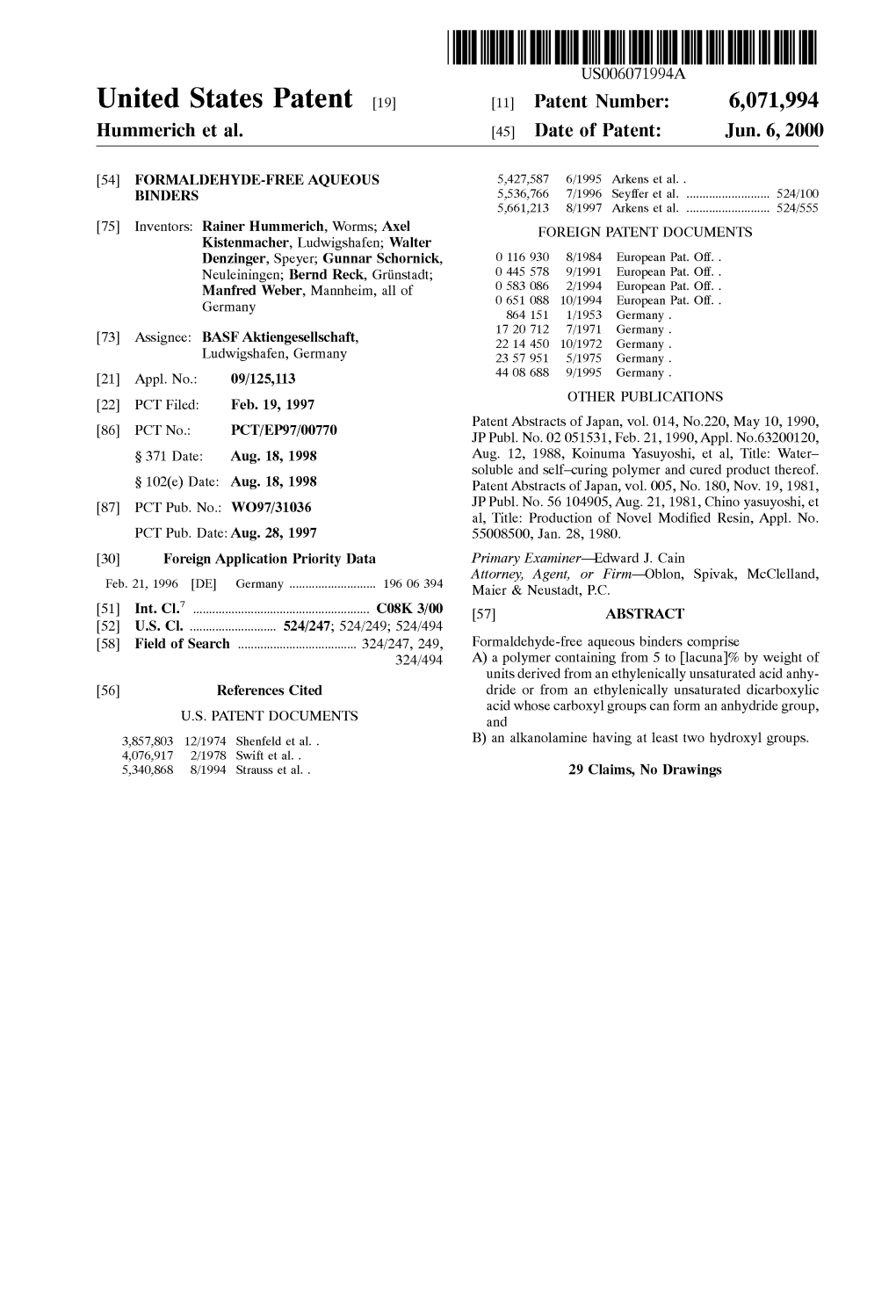 United States Patent (19) 11 Patent Number: 6,071,994 Hummerich Et Al