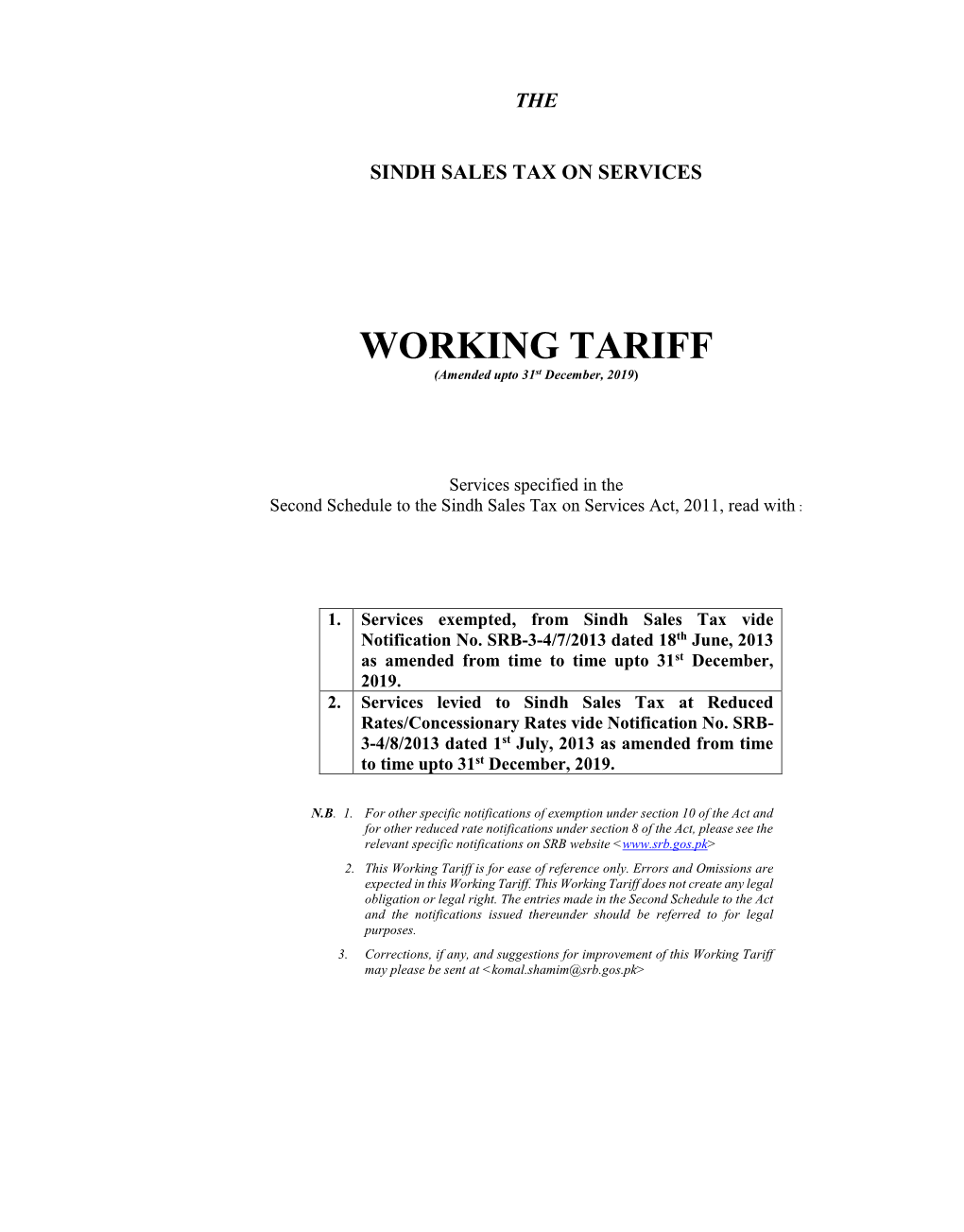 WORKING TARIFF (Amended Upto 31St December, 2019)