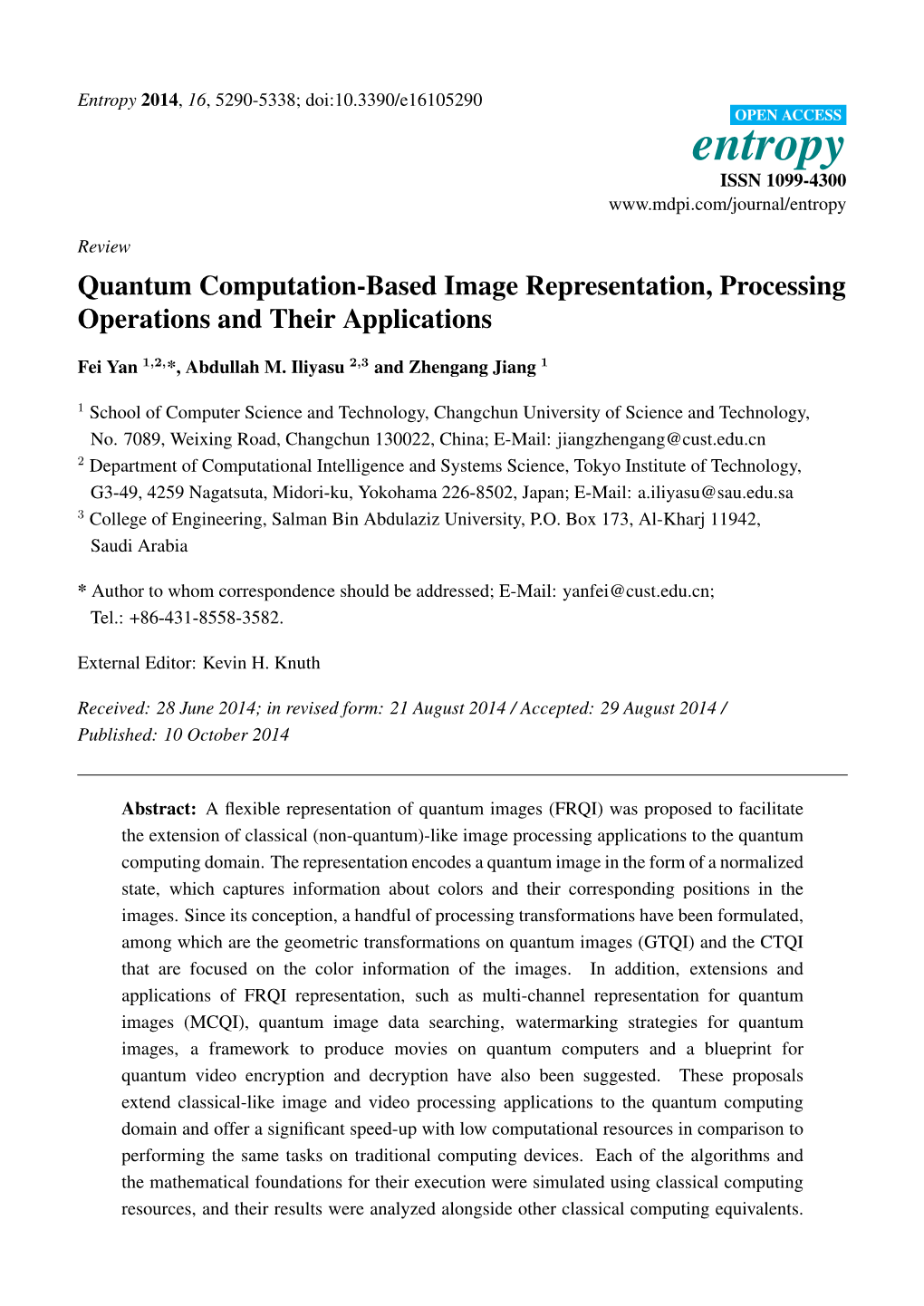 Quantum Computation-Based Image Representation, Processing Operations and Their Applications