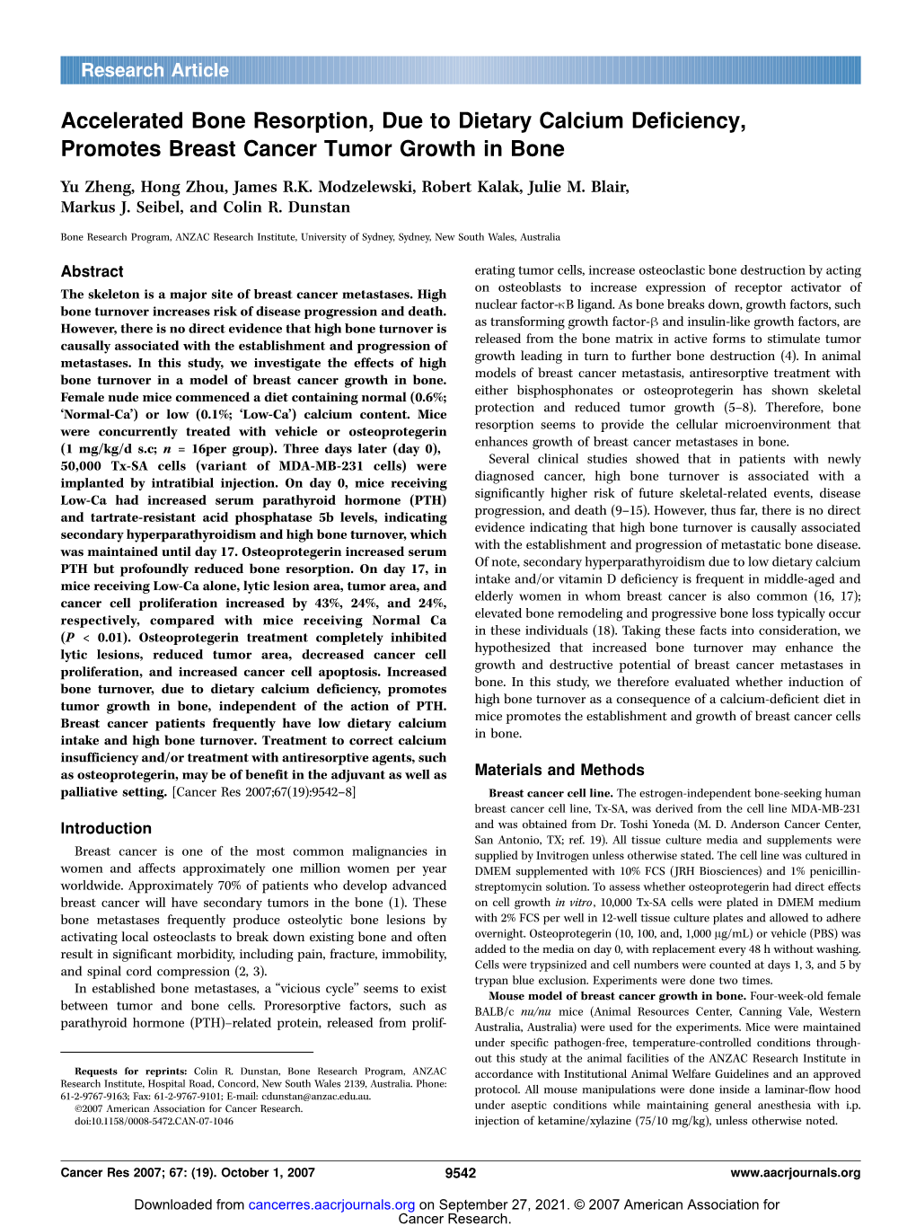 Accelerated Bone Resorption, Due to Dietary Calcium Deficiency, Promotes Breast Cancer Tumor Growth in Bone