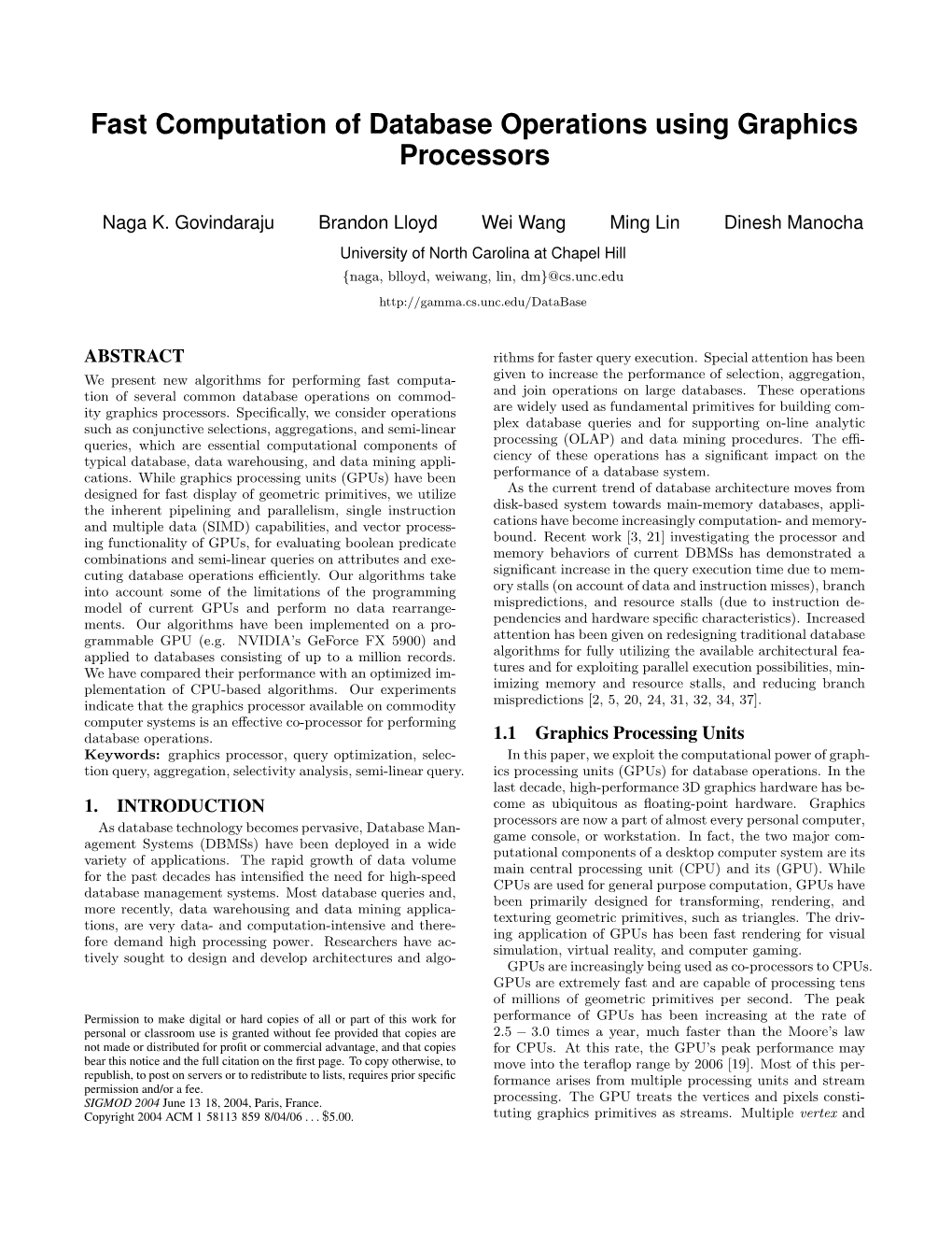 Fast Computation of Database Operations Using Graphics Processors