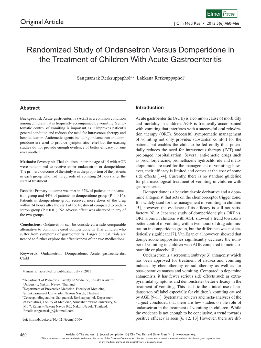 Randomized Study of Ondansetron Versus Domperidone in the Treatment of Children with Acute Gastroenteritis