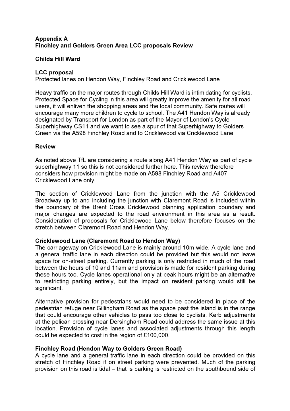 Appendix a Finchley and Golders Green Area LCC Proposals Review