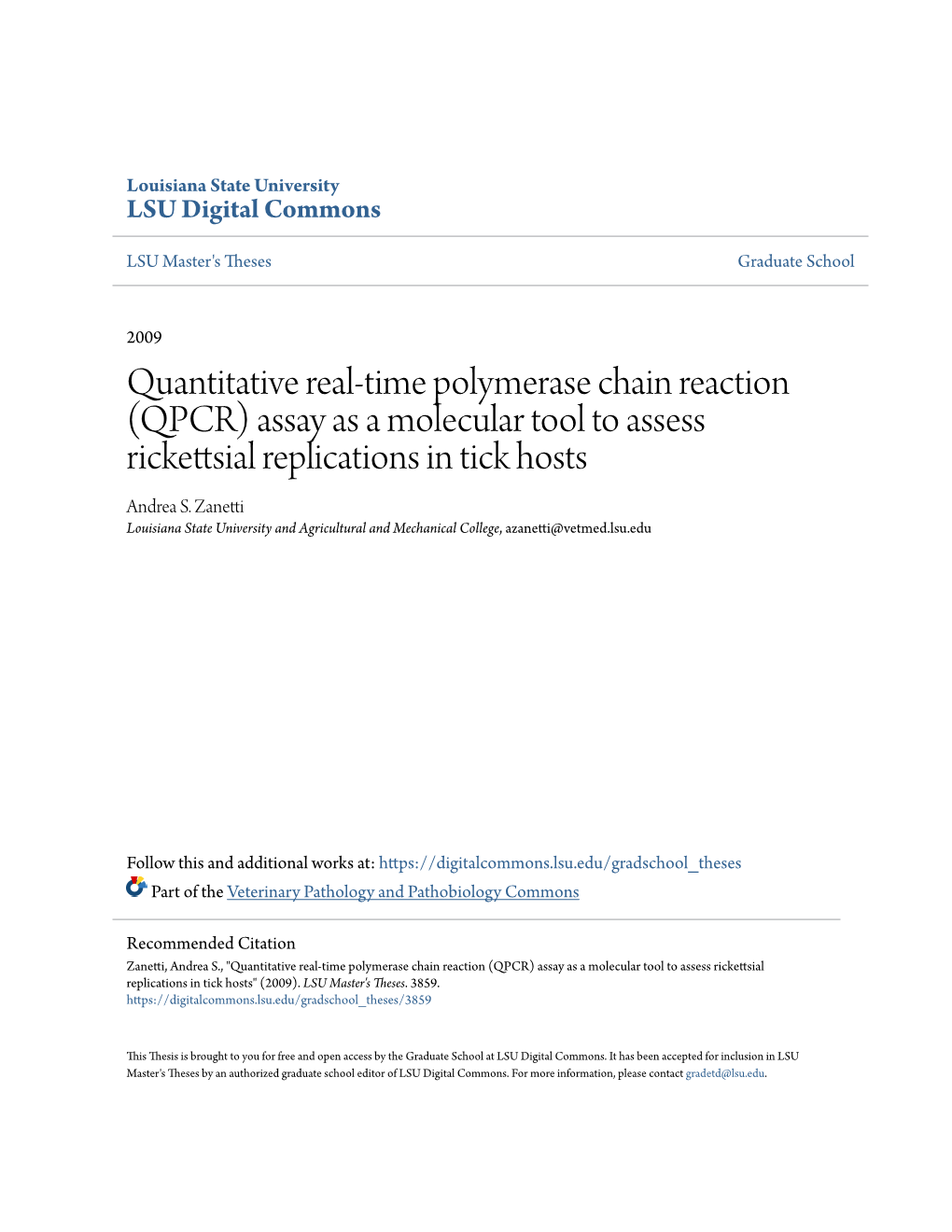 QPCR) Assay As a Molecular Tool to Assess Rickettsial Replications in Tick Hosts Andrea S