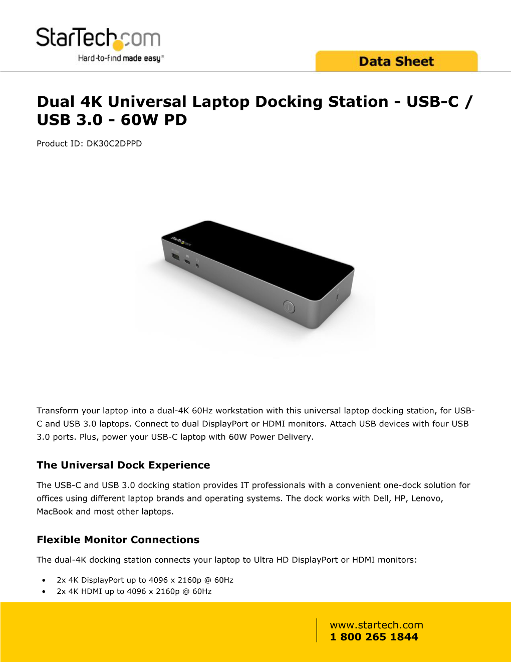 Dual 4K Universal Laptop Docking Station - USB-C / USB 3.0 - 60W PD