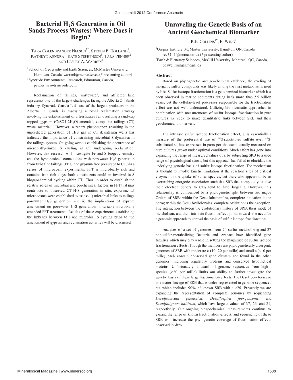 Bacterial H2S Generation in Oil Sands Process Wastes