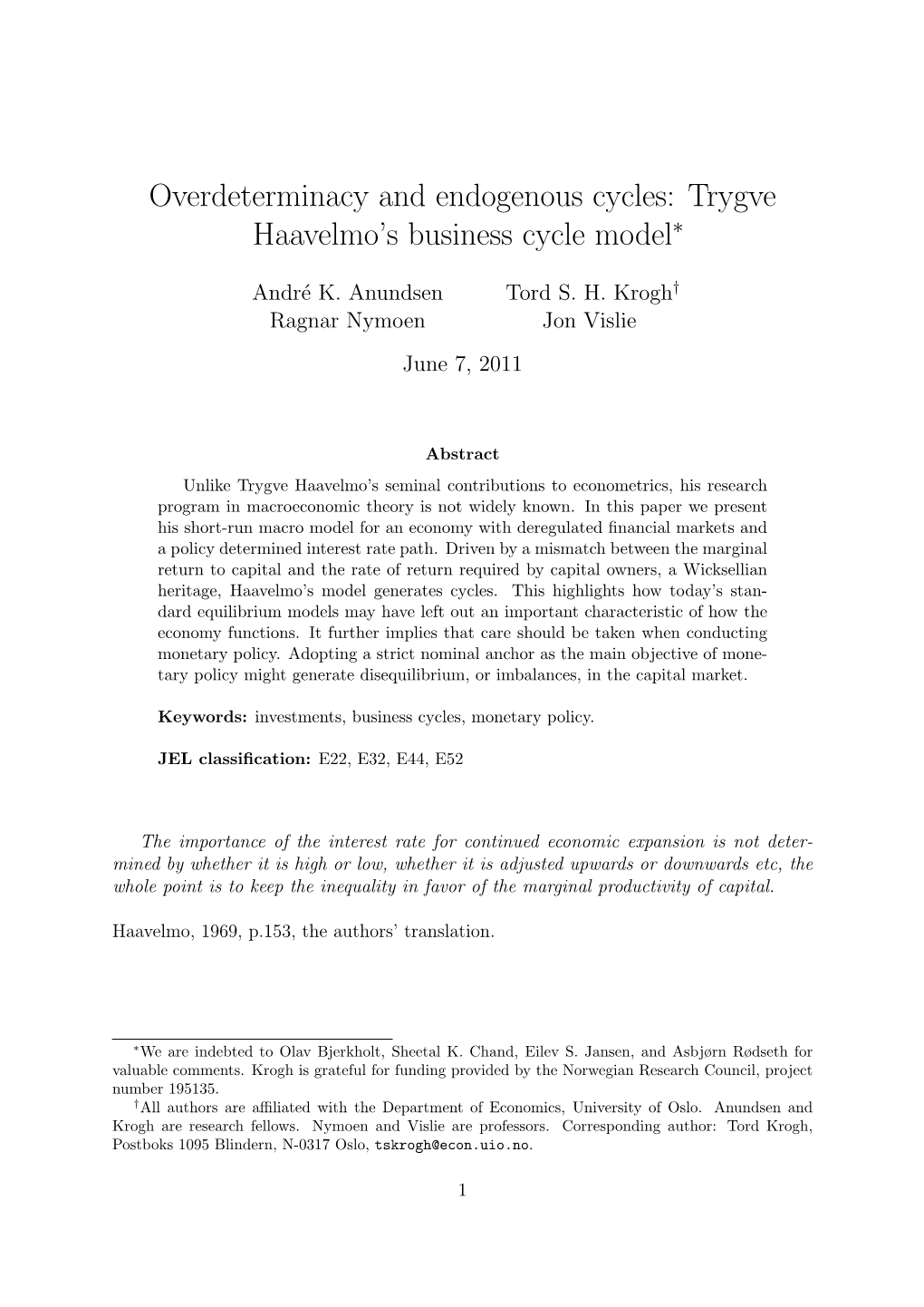 Trygve Haavelmo's Business Cycle Model