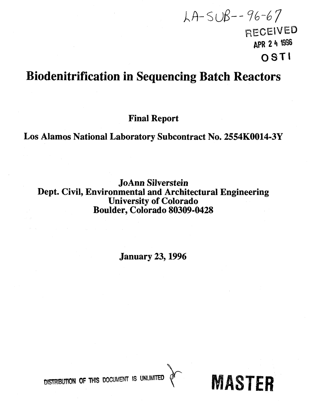 Biodenitrification in Sequencing Batch Reactors