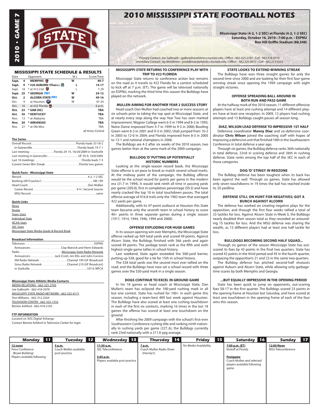 2010 Mississippi State Football Notes