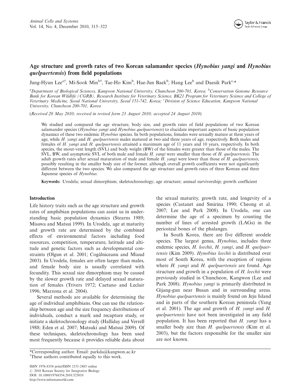 Age Structure and Growth Rates of Two Korean Salamander Species