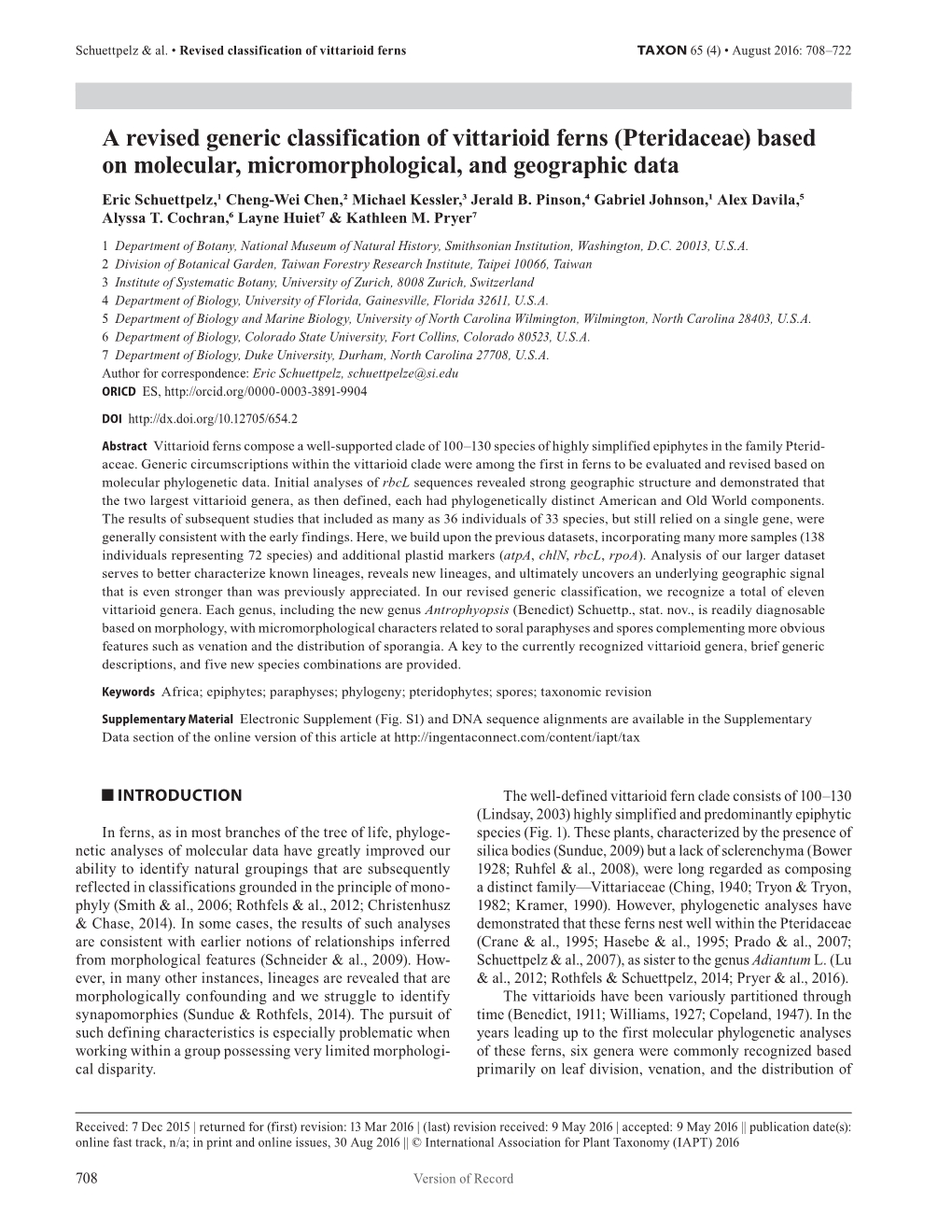 A Revised Generic Classification of Vittarioid Ferns (Pteridaceae)