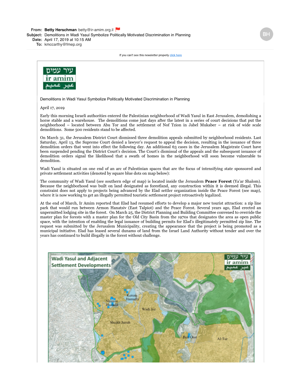 Demolitions in Wadi Yasul Symbolize Politically Motivated Discrimination in Planning Date: April 17, 2019 at 10:15 AM To: Kmccarthy@Fmep.Org