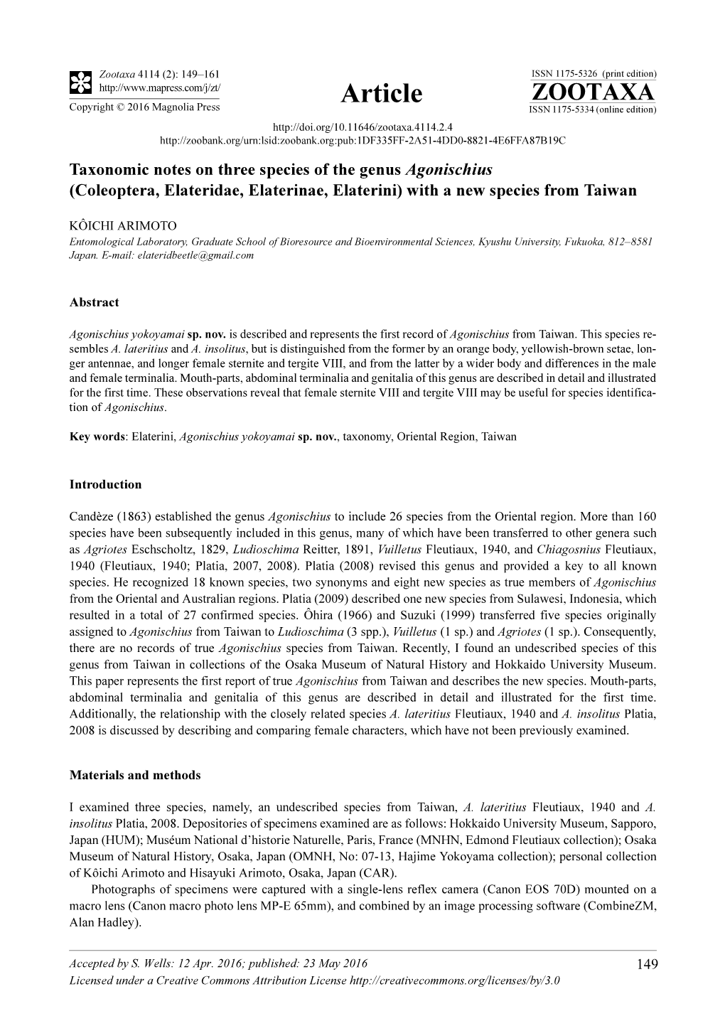 Taxonomic Notes on Three Species of the Genus Agonischius (Coleoptera, Elateridae, Elaterinae, Elaterini) with a New Species from Taiwan