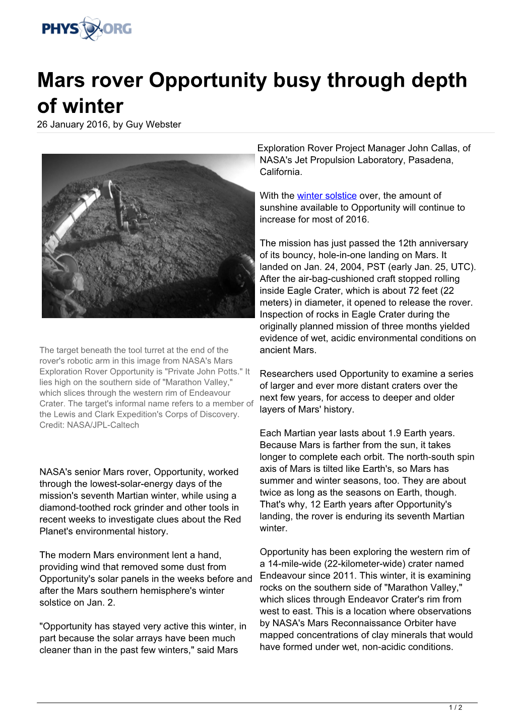 Mars Rover Opportunity Busy Through Depth of Winter 26 January 2016, by Guy Webster