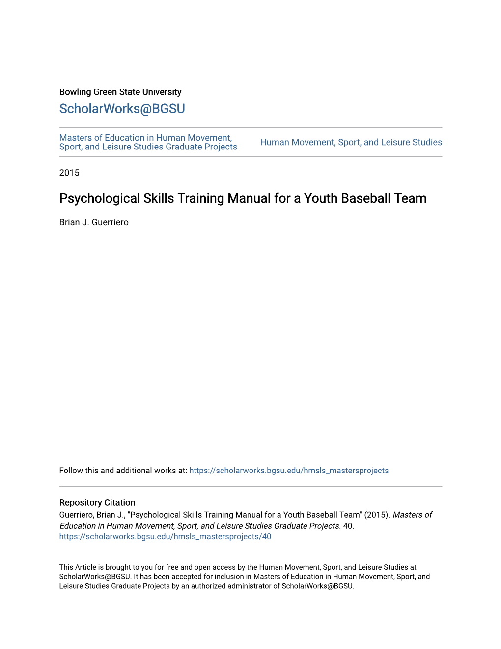 Psychological Skills Training Manual for a Youth Baseball Team