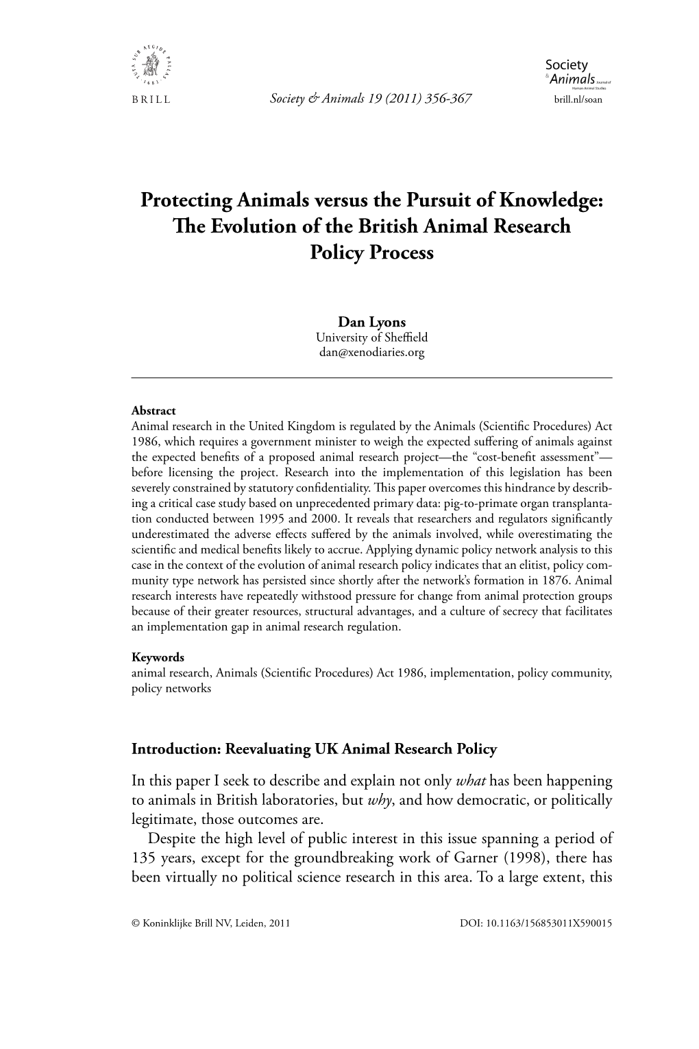 The Evolution of the British Animal Research Policy Process