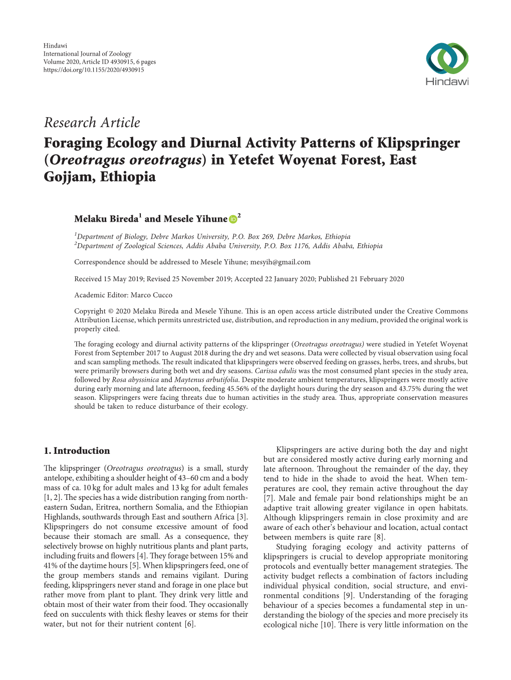 Foraging Ecology and Diurnal Activity Patterns of Klipspringer (Oreotragus Oreotragus) in Yetefet Woyenat Forest, East Gojjam, Ethiopia