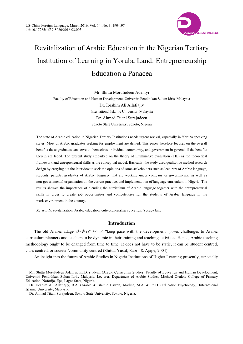 Revitalization of Arabic Education in the Nigerian Tertiary Institution of Learning in Yoruba Land: Entrepreneurship