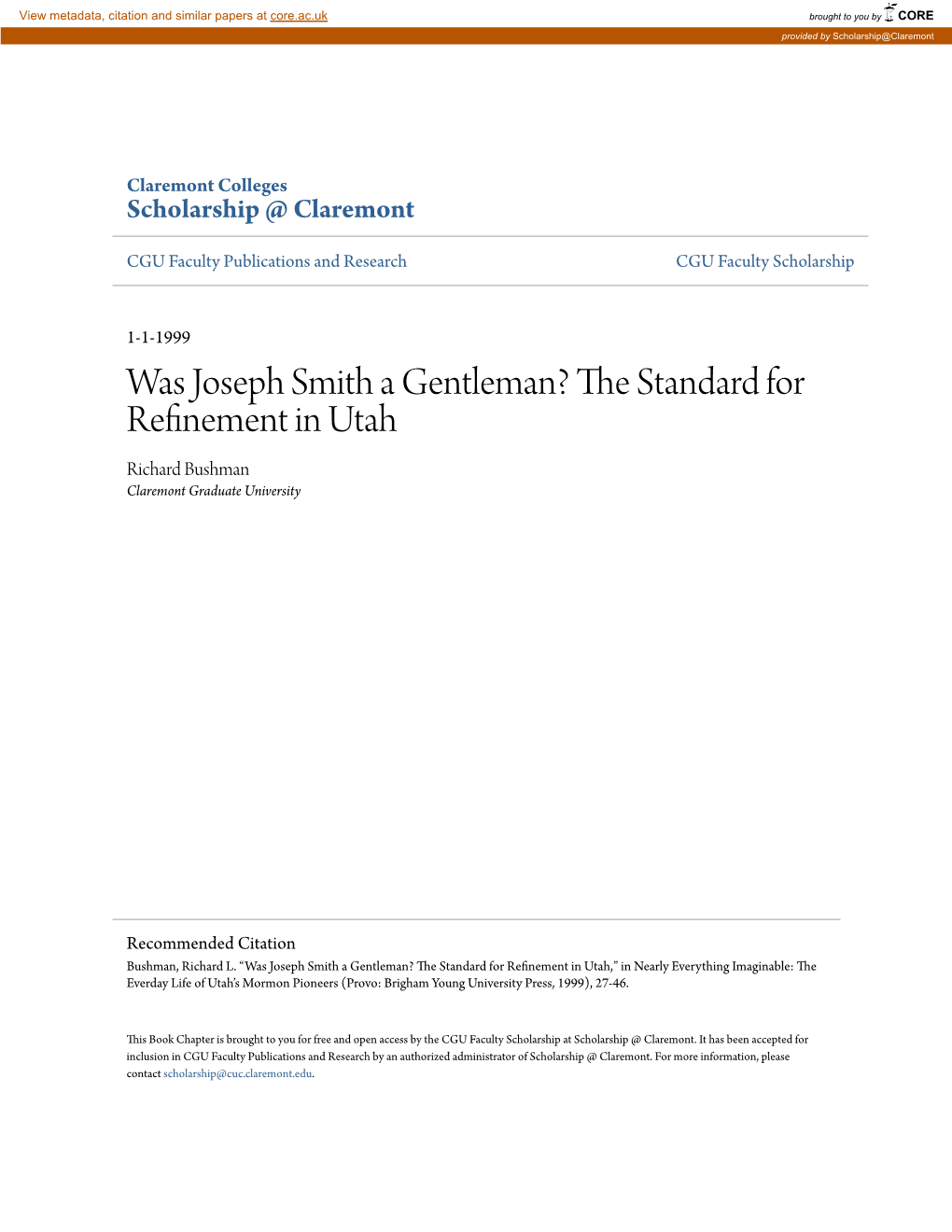 Was Joseph Smith a Gentleman? the Ts Andard for Refinement in Utah Richard Bushman Claremont Graduate University