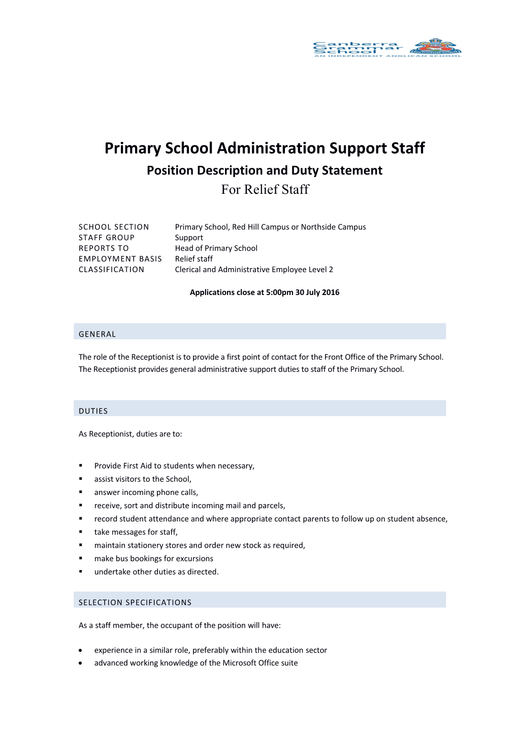 Primary School Administration Support Staff