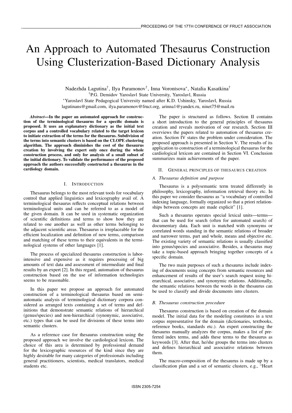 An Approach to Automated Thesaurus Construction Using Clusterization-Based Dictionary Analysis