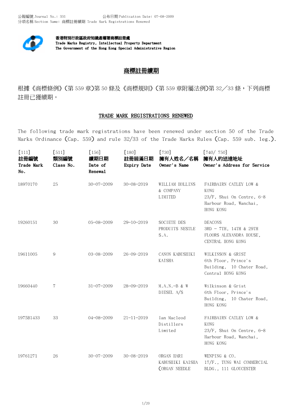 第 50 條及《商標規則》(第 559 章附屬法例)第 32╱33 條，下列商標 註冊已獲續期。