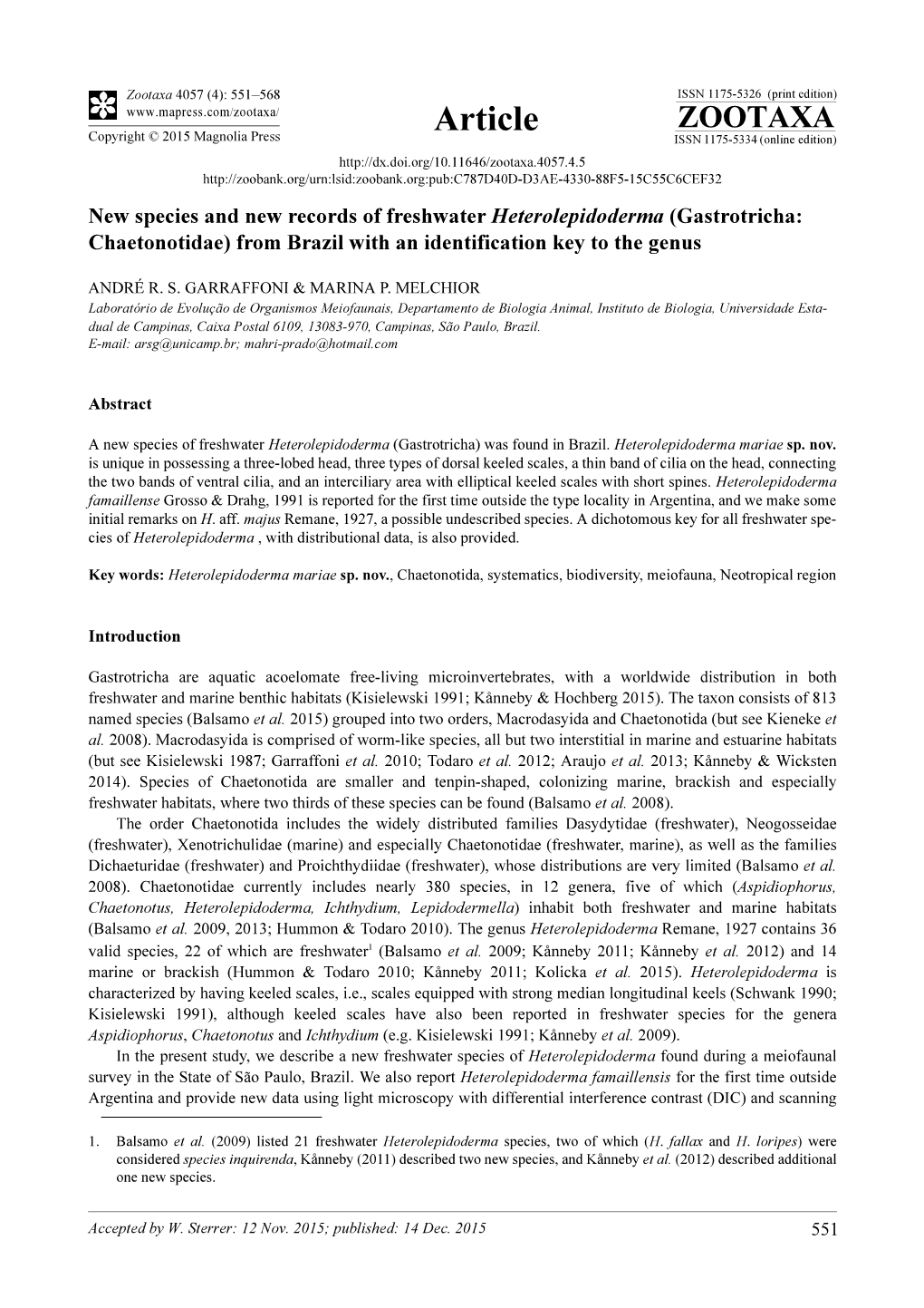 Gastrotricha: Chaetonotidae) from Brazil with an Identification Key to the Genus