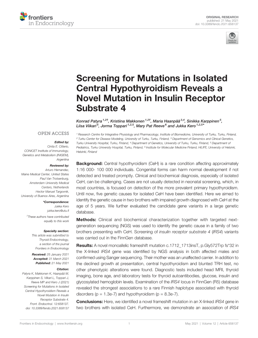 Screening for Mutations in Isolated Central Hypothyroidism Reveals a Novel Mutation in Insulin Receptor Substrate 4