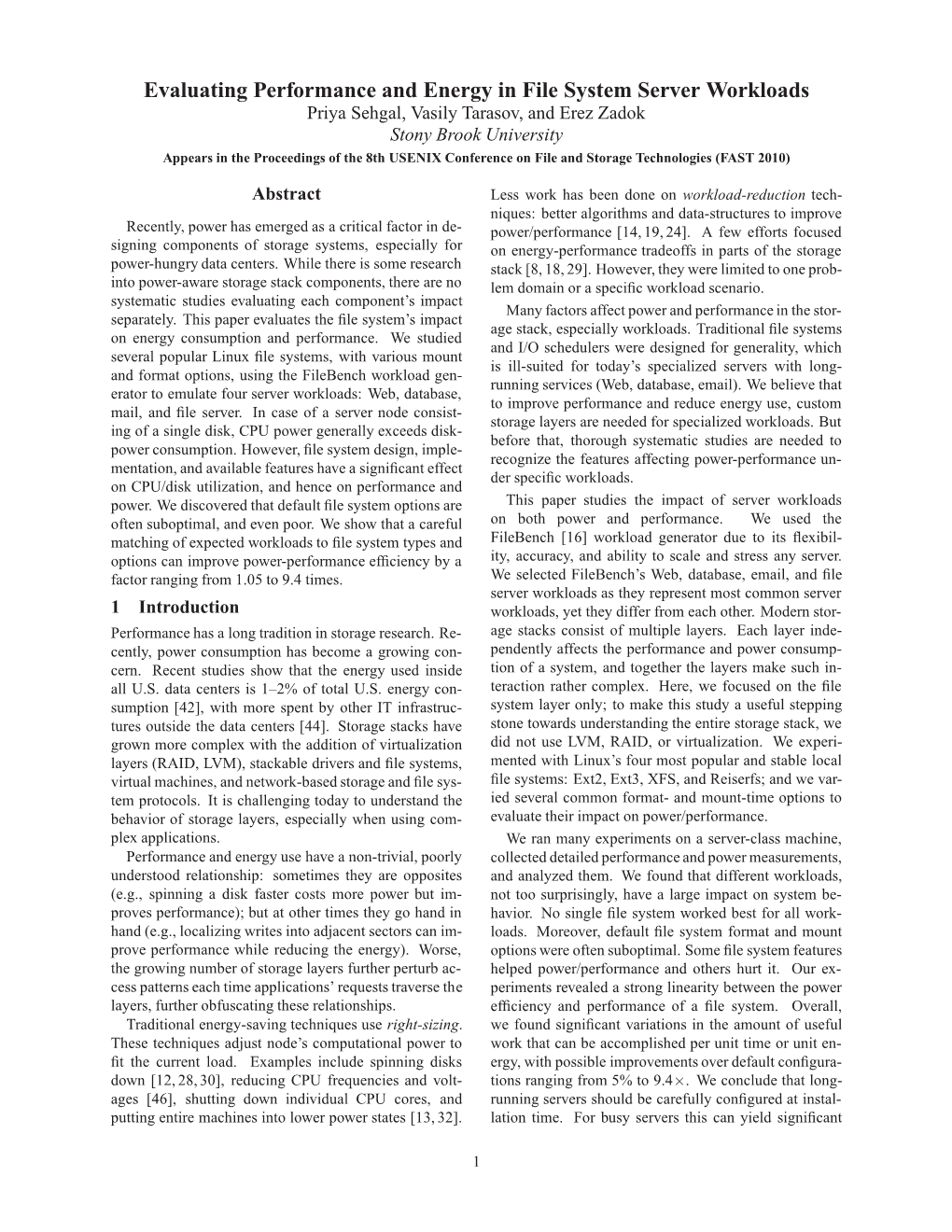 Evaluating Performance and Energy in File System Server Workloads