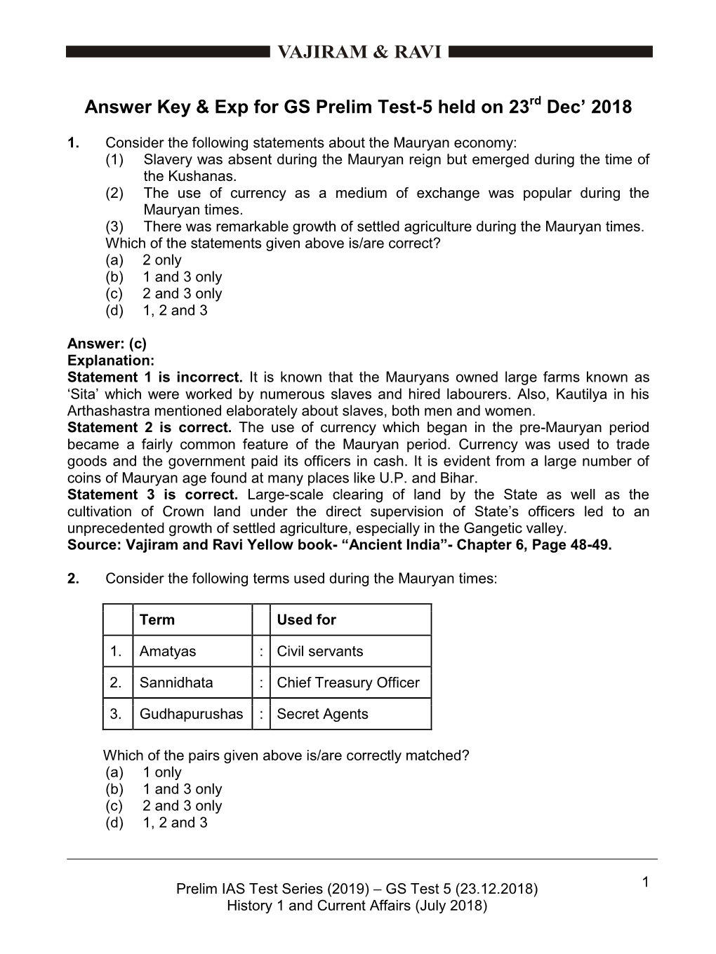 Answer Key & Exp for GS Prelim Test-5 Held on 23 Rd Dec' 2018