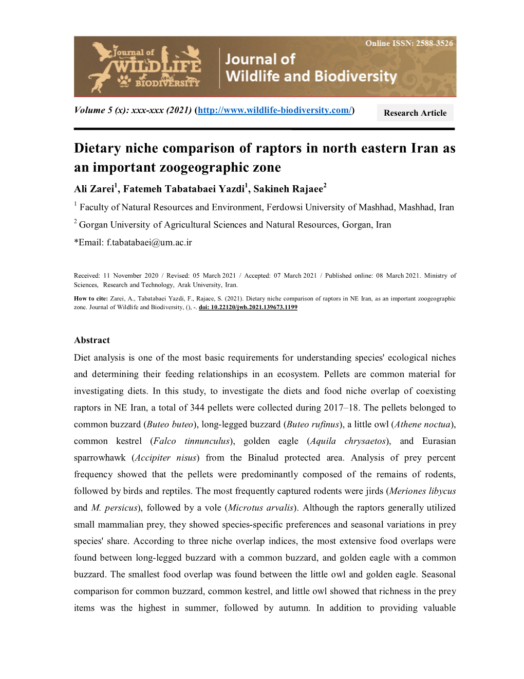 Dietary Niche Comparison of Raptors in NE Iran, As an Important Zoogeographic Zone